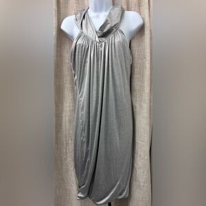 Poleci Silver Draped Modern Chic Liquid Look Sleeveless Jersey Dress NWT Small